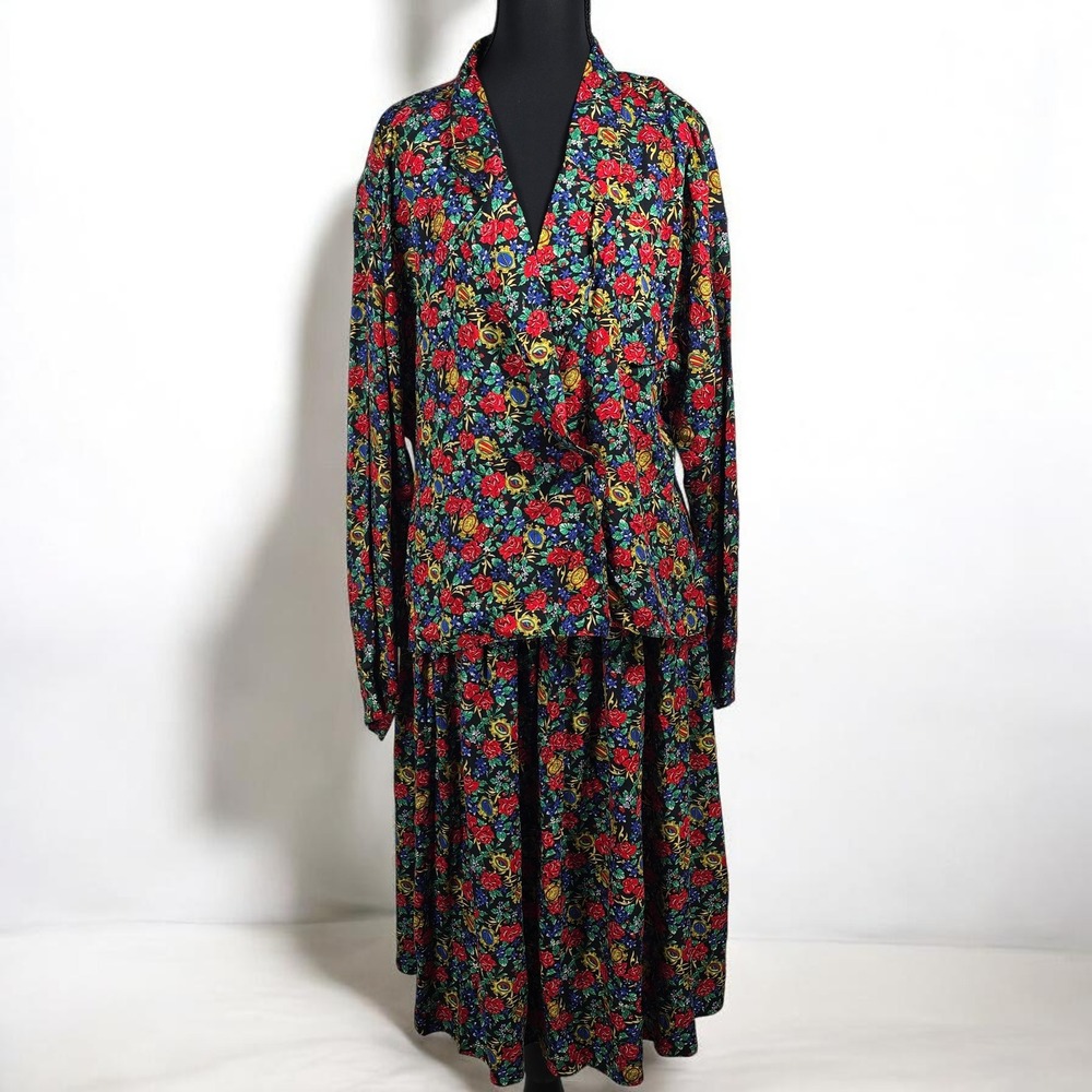 Vintage Chaus Floral Medallion Rayon 2 Piece Skirt Set Blouse (L) Midi Skirt 12